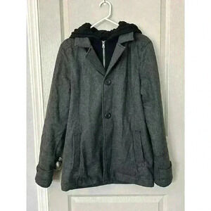 Men’s Wool Blend BKE Grey Pea Coat Slim Fit Medium W/Removable Hood. Heavy, Warm